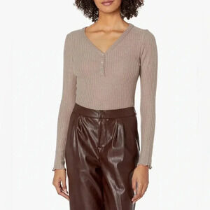 KENDALL + KYLIE Women's Button Front Long Sleeve Top Knit Beige Small